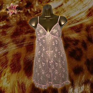 Pink Lace Babydoll Slip Dress with Open Back, Satin Tie, and Heart Design